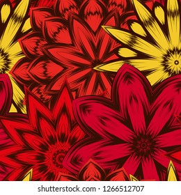 Seamless floral background. Tracery handmade nature ethnic fabric backdrop pattern with flowers. Textile design texture. Decorative color art. Vector