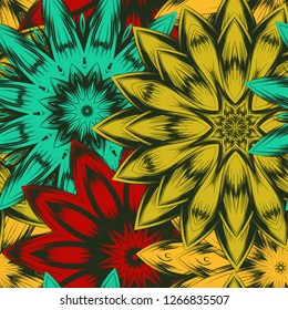 Seamless floral background. Tracery handmade nature ethnic fabric backdrop pattern with flowers. Textile design texture. Decorative color art. Vector
