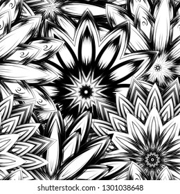 Seamless floral background. Tracery handmade nature ethnic fabric backdrop pattern with saturated dark flowers. Textile design texture. Decorative binary monochrome black and white art. Vector