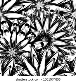 Seamless floral background. Tracery handmade nature ethnic fabric backdrop pattern with saturated dark flowers. Textile design texture. Decorative binary monochrome black and white art. Vector