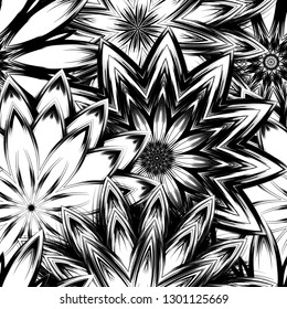 Seamless floral background. Tracery handmade nature ethnic fabric backdrop pattern with saturated dark flowers. Textile design texture. Decorative binary monochrome black and white art. Vector