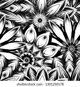 Seamless floral background. Tracery handmade nature ethnic fabric backdrop pattern with saturated dark flowers. Textile design texture. Decorative binary monochrome black and white art. Vector