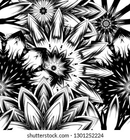 Seamless floral background. Tracery handmade nature ethnic fabric backdrop pattern with saturated dark flowers. Textile design texture. Decorative binary monochrome black and white art. Vector