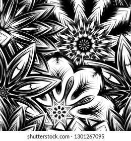 Seamless floral background. Tracery handmade nature ethnic fabric backdrop pattern with saturated dark flowers. Textile design texture. Decorative binary monochrome black and white art. Vector