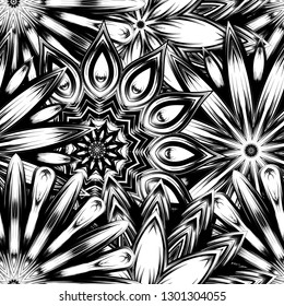 Seamless floral background. Tracery handmade nature ethnic fabric backdrop pattern with saturated dark flowers. Textile design texture. Decorative binary monochrome black and white art. Vector