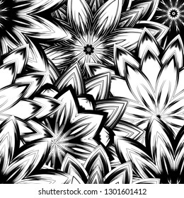 Seamless floral background. Tracery handmade nature ethnic fabric backdrop pattern with saturated dark flowers. Textile design texture. Decorative binary monochrome black and white art. Vector