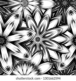 Seamless floral background. Tracery handmade nature ethnic fabric backdrop pattern with saturated dark flowers. Textile design texture. Decorative binary monochrome black and white art. Vector