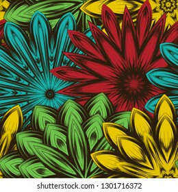 Seamless floral background. Tracery handmade nature ethnic fabric backdrop pattern with flowers. Textile design texture. Decorative color art. Vector
