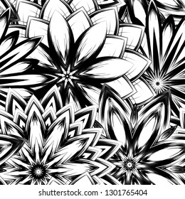 Seamless floral background. Tracery handmade nature ethnic fabric backdrop pattern with saturated dark flowers. Textile design texture. Decorative binary monochrome black and white art. Vector