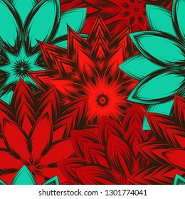 Seamless floral background. Tracery handmade nature ethnic fabric backdrop pattern with flowers. Textile design texture. Decorative color art. Vector