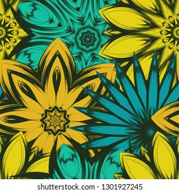Seamless floral background. Tracery handmade nature ethnic fabric backdrop pattern with flowers. Textile design texture. Decorative color art. Vector