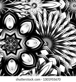 Seamless floral background. Tracery handmade nature ethnic fabric backdrop pattern with saturated dark flowers. Textile design texture. Decorative binary monochrome black and white art. Vector