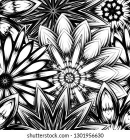 Seamless floral background. Tracery handmade nature ethnic fabric backdrop pattern with saturated dark flowers. Textile design texture. Decorative binary monochrome black and white art. Vector