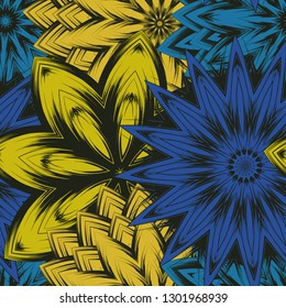 Seamless floral background. Tracery handmade nature ethnic fabric backdrop pattern with flowers. Textile design texture. Decorative color art. Vector