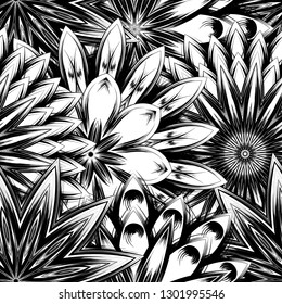 Seamless floral background. Tracery handmade nature ethnic fabric backdrop pattern with saturated dark flowers. Textile design texture. Decorative binary monochrome black and white art. Vector