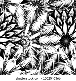 Seamless floral background. Tracery handmade nature ethnic fabric backdrop pattern with saturated dark flowers. Textile design texture. Decorative binary monochrome black and white art. Vector