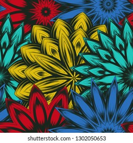 Seamless floral background. Tracery handmade nature ethnic fabric backdrop pattern with flowers. Textile design texture. Decorative color art. Vector