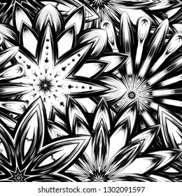 Seamless floral background. Tracery handmade nature ethnic fabric backdrop pattern with saturated dark flowers. Textile design texture. Decorative binary monochrome black and white art. Vector