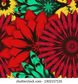 Seamless floral background. Tracery handmade nature ethnic fabric backdrop pattern with flowers. Textile design texture. Decorative color art. Vector