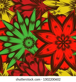 Seamless floral background. Tracery handmade nature ethnic fabric backdrop pattern with flowers. Textile design texture. Decorative color art. Vector