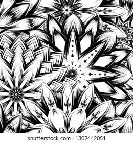 Seamless floral background. Tracery handmade nature ethnic fabric backdrop pattern with saturated dark flowers. Textile design texture. Decorative binary monochrome black and white art. Vector