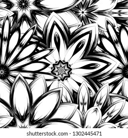 Seamless floral background. Tracery handmade nature ethnic fabric backdrop pattern with saturated dark flowers. Textile design texture. Decorative binary monochrome black and white art. Vector