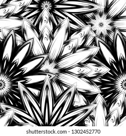 Seamless floral background. Tracery handmade nature ethnic fabric backdrop pattern with saturated dark flowers. Textile design texture. Decorative binary monochrome black and white art. Vector