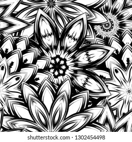 Seamless floral background. Tracery handmade nature ethnic fabric backdrop pattern with saturated dark flowers. Textile design texture. Decorative binary monochrome black and white art. Vector