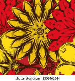 Seamless floral background. Tracery handmade nature ethnic fabric backdrop pattern with flowers. Textile design texture. Decorative color art. Vector