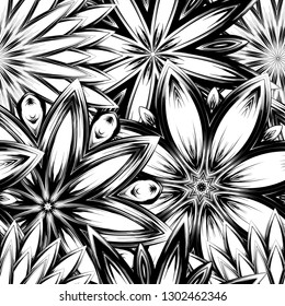 Seamless floral background. Tracery handmade nature ethnic fabric backdrop pattern with saturated dark flowers. Textile design texture. Decorative binary monochrome black and white art. Vector