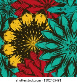 Seamless floral background. Tracery handmade nature ethnic fabric backdrop pattern with flowers. Textile design texture. Decorative color art. Vector