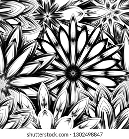 Seamless floral background. Tracery handmade nature ethnic fabric backdrop pattern with saturated dark flowers. Textile design texture. Decorative binary monochrome black and white art. Vector