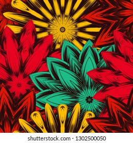 Seamless floral background. Tracery handmade nature ethnic fabric backdrop pattern with flowers. Textile design texture. Decorative color art. Vector