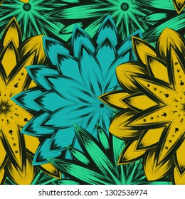 Seamless floral background. Tracery handmade nature ethnic fabric backdrop pattern with flowers. Textile design texture. Decorative color art. Vector