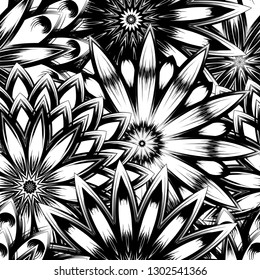 Seamless floral background. Tracery handmade nature ethnic fabric backdrop pattern with saturated dark flowers. Textile design texture. Decorative binary monochrome black and white art. Vector