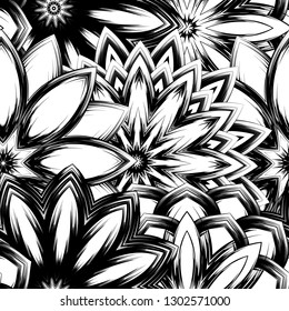 Seamless floral background. Tracery handmade nature ethnic fabric backdrop pattern with saturated dark flowers. Textile design texture. Decorative binary monochrome black and white art. Vector