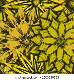 Seamless floral background. Tracery handmade nature ethnic fabric backdrop pattern with flowers. Textile design texture. Decorative color art. Vector