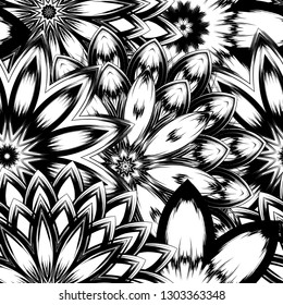 Seamless floral background. Tracery handmade nature ethnic fabric backdrop pattern with saturated dark flowers. Textile design texture. Decorative binary monochrome black and white art. Vector