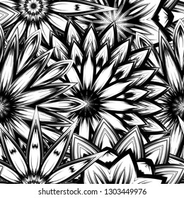 Seamless floral background. Tracery handmade nature ethnic fabric backdrop pattern with saturated dark flowers. Textile design texture. Decorative binary monochrome black and white art. Vector