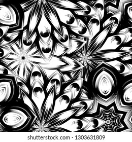 Seamless floral background. Tracery handmade nature ethnic fabric backdrop pattern with saturated dark flowers. Textile design texture. Decorative binary monochrome black and white art. Vector