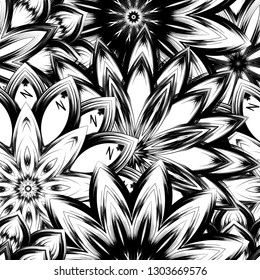 Seamless floral background. Tracery handmade nature ethnic fabric backdrop pattern with saturated dark flowers. Textile design texture. Decorative binary monochrome black and white art. Vector