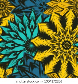 Seamless floral background. Tracery handmade nature ethnic fabric backdrop pattern with flowers. Textile design texture. Decorative color art. Vector