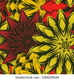 Seamless floral background. Tracery handmade nature ethnic fabric backdrop pattern with flowers. Textile design texture. Decorative color art. Vector