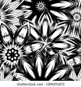 Seamless floral background. Tracery handmade nature ethnic fabric backdrop pattern with saturated dark flowers. Textile design texture. Decorative binary monochrome black and white art. Vector