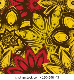 Seamless floral background. Tracery handmade nature ethnic fabric backdrop pattern with flowers. Textile design texture. Decorative color art. Vector