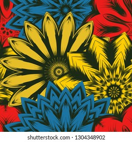 Seamless floral background. Tracery handmade nature ethnic fabric backdrop pattern with flowers. Textile design texture. Decorative color art. Vector