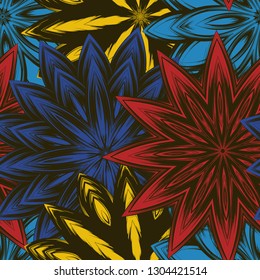 Seamless floral background. Tracery handmade nature ethnic fabric backdrop pattern with flowers. Textile design texture. Decorative color art. Vector