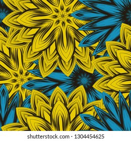 Seamless floral background. Tracery handmade nature ethnic fabric backdrop pattern with flowers. Textile design texture. Decorative color art. Vector