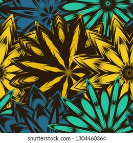 Seamless floral background. Tracery handmade nature ethnic fabric backdrop pattern with flowers. Textile design texture. Decorative color art. Vector