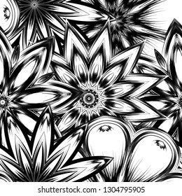 Seamless floral background. Tracery handmade nature ethnic fabric backdrop pattern with saturated dark flowers. Textile design texture. Decorative binary monochrome black and white art. Vector